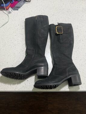 Paul Green Black Mid-Calf Leather Heeled Riding Boots with Buckle